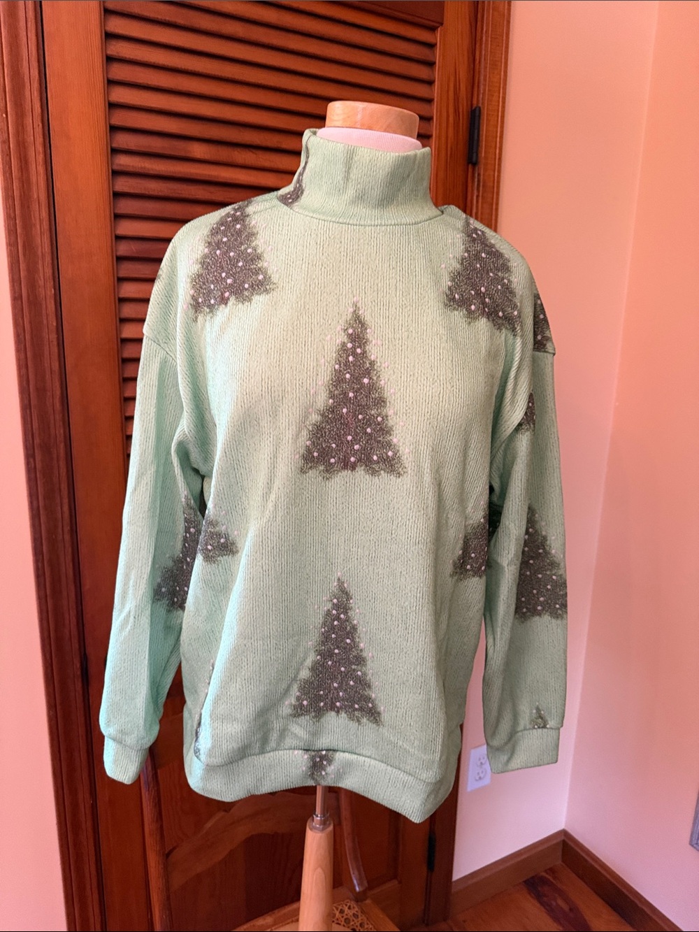 Mint Green Mock-Neck polyester ribbed top with Christmas Tree Motif Never worn